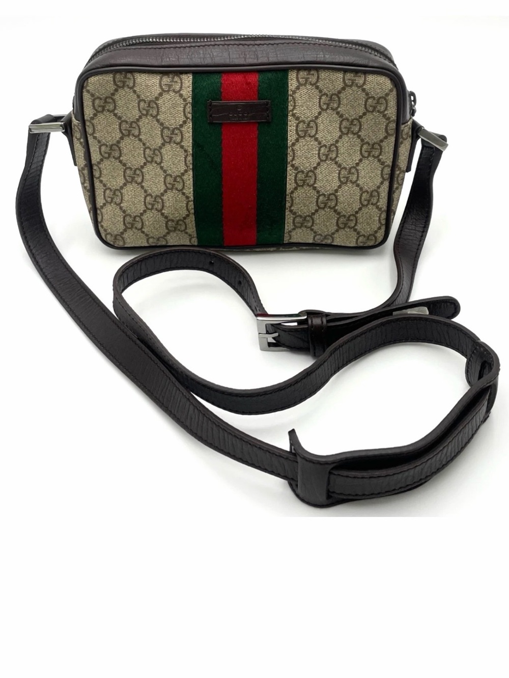 Auth Gucci GG Supreme Leather  Sherry Line Brown Shoulder Bag
